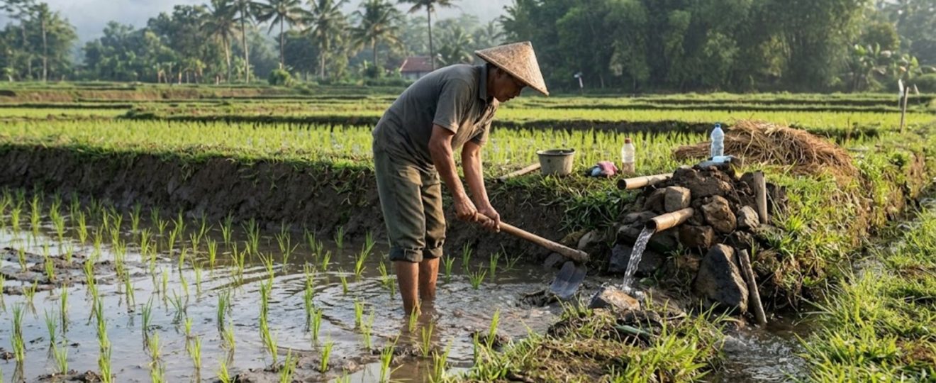 Cara mengatur kebutuhan air setelah tanam membantu petani menjaga kelembapan sawah, mendukung pertumbuhan akar, dan menggunakan irigasi secara efisien. Setelah bibit pindah ke lahan, petani perlu menyesuaikan tinggi air dengan kondisi tanaman, jenis tanah, cuaca, serta ketersediaan sumber air. Genangan berlebihan tidak selalu meningkatkan hasil, sedangkan kekurangan air dapat menghambat pertumbuhan. Menjaga Air Pada Awal Pada beberapa hari pertama setelah tanam, jaga tanah tetap lembap dan berikan genangan dangkal sesuai kondisi lahan. Petani umumnya dapat mempertahankan air sekitar 2–5 cm, tetapi perlu memperhatikan tinggi bibit dan kekuatan tanaman. Genangan yang terlalu dalam dapat menenggelamkan bibit muda, terutama jika tanaman belum berdiri kuat. Periksa petakan setiap hari untuk melihat apakah air merata atau justru mengalir keluar melalui pematang. Jika hujan turun deras, buka saluran pembuangan secukupnya agar tanaman tidak terendam terlalu lama. Sebaliknya, saat cuaca panas dan permukaan tanah cepat mengering, tambahkan air secara bertahap. Panduan pertanian menjelaskan bahwa kebutuhan air padi berubah mengikuti fase pertumbuhan dan kondisi lingkungan. Menyesuaikan Air Dengan Pertumbuhan Setelah tanaman mulai beradaptasi, atur pengairan berdasarkan fase pertumbuhan, bukan dengan menggenangi sawah terus-menerus. Pada fase pembentukan anakan, petani dapat menjaga genangan dangkal sekitar 3–5 cm apabila kondisi lahan mendukung. Air yang cukup membantu tanaman menyerap unsur hara dan tumbuh dengan baik. Namun, tanah yang terlalu lama tergenang bisa memboroskan air dan mengurangi udara yang tersedia di sekitar akar. Amati warna daun, kondisi tanah, dan perkembangan anakan secara rutin. Bila tanaman tampak layu saat cuaca panas, periksa kelembapan tanah sebelum menambah air. Jangan hanya mengandalkan permukaan sawah karena kondisi air di dalam tanah dapat berbeda. Sesuaikan juga pengairan dengan tekstur tanah; tanah berpasir cenderung lebih cepat kehilangan air dibandingkan tanah yang mampu menahan kelembapan. Menerapkan Pengairan Basah Kering Petani dapat mempertimbangkan pengairan berselang atau Alternate Wetting and Drying (AWD) untuk menghemat air. Metode ini mengatur sawah melalui periode basah dan kering secara terukur, bukan membiarkan tanaman kekurangan air. Pada penerapan yang sesuai, petani mengairi lahan kembali ketika muka air turun ke batas pemantauan yang dianjurkan, lalu menjaga genangan pada tingkat yang dibutuhkan. Teknik ini perlu disesuaikan dengan jenis tanah, saluran irigasi, dan aturan pengairan setempat. Kementerian Pertanian menjelaskan bahwa pengairan basah-kering dapat meningkatkan efisiensi penggunaan air. Namun, petani perlu menjaga pasokan air saat fase pembungaan dan pengisian bulir karena tanaman sangat memerlukan air pada tahap tersebut. Pelajari panduannya melalui informasi pengairan basah-kering dari Dinas Pertanian Kulon Progo. Memeriksa Saluran Dan Kebutuhan Pengaturan air yang baik juga bergantung pada kondisi saluran dan pematang. Bersihkan saluran dari gulma serta endapan agar air mengalir lancar ke setiap petakan. Tutup kebocoran pada pematang dan atur pintu air supaya petani dapat mengendalikan aliran masuk maupun keluar. Catat waktu pemberian air dan perubahan kondisi sawah agar pola pengairan berikutnya lebih mudah ditentukan. Petani juga perlu memperhitungkan hujan, luas lahan, jenis tanah, dan ketersediaan air dari irigasi. Jika pasokan terbatas, koordinasikan jadwal pembagian air dengan kelompok tani. Peralatan budidaya yang sesuai dapat membantu pekerjaan di sawah lebih teratur; informasi mengenai mesin tanam padi dapat menjadi referensi untuk proses penanaman, sedangkan Rumah Mesin menyediakan informasi peralatan pertanian lainnya. Kesimpulan Cara mengatur kebutuhan air setelah tanam perlu mengikuti fase pertumbuhan, kondisi tanah, cuaca, dan ketersediaan irigasi. Petani sebaiknya menjaga genangan dangkal pada awal pertumbuhan, memantau kelembapan secara rutin, serta menerapkan pengairan berselang jika kondisi lahan memungkinkan. Periksa saluran dan pematang agar air tidak terbuang sia-sia. Dengan pengaturan yang tepat, petani dapat mendukung pertumbuhan padi sekaligus menggunakan air secara lebih efisien.