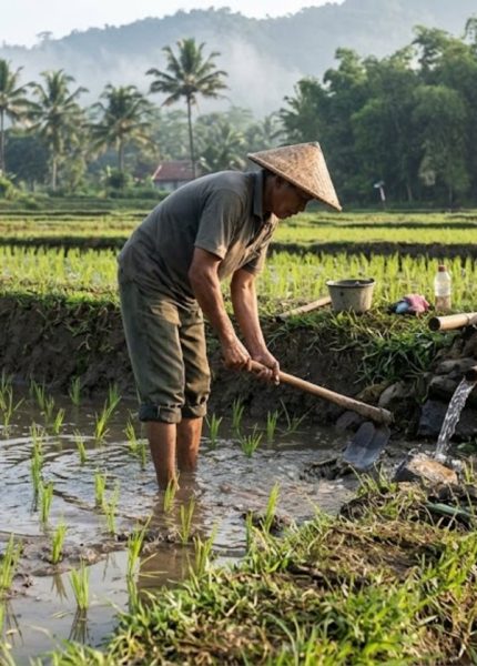 Cara mengatur kebutuhan air setelah tanam membantu petani menjaga kelembapan sawah, mendukung pertumbuhan akar, dan menggunakan irigasi secara efisien. Setelah bibit pindah ke lahan, petani perlu menyesuaikan tinggi air dengan kondisi tanaman, jenis tanah, cuaca, serta ketersediaan sumber air. Genangan berlebihan tidak selalu meningkatkan hasil, sedangkan kekurangan air dapat menghambat pertumbuhan. Menjaga Air Pada Awal Pada beberapa hari pertama setelah tanam, jaga tanah tetap lembap dan berikan genangan dangkal sesuai kondisi lahan. Petani umumnya dapat mempertahankan air sekitar 2–5 cm, tetapi perlu memperhatikan tinggi bibit dan kekuatan tanaman. Genangan yang terlalu dalam dapat menenggelamkan bibit muda, terutama jika tanaman belum berdiri kuat. Periksa petakan setiap hari untuk melihat apakah air merata atau justru mengalir keluar melalui pematang. Jika hujan turun deras, buka saluran pembuangan secukupnya agar tanaman tidak terendam terlalu lama. Sebaliknya, saat cuaca panas dan permukaan tanah cepat mengering, tambahkan air secara bertahap. Panduan pertanian menjelaskan bahwa kebutuhan air padi berubah mengikuti fase pertumbuhan dan kondisi lingkungan. Menyesuaikan Air Dengan Pertumbuhan Setelah tanaman mulai beradaptasi, atur pengairan berdasarkan fase pertumbuhan, bukan dengan menggenangi sawah terus-menerus. Pada fase pembentukan anakan, petani dapat menjaga genangan dangkal sekitar 3–5 cm apabila kondisi lahan mendukung. Air yang cukup membantu tanaman menyerap unsur hara dan tumbuh dengan baik. Namun, tanah yang terlalu lama tergenang bisa memboroskan air dan mengurangi udara yang tersedia di sekitar akar. Amati warna daun, kondisi tanah, dan perkembangan anakan secara rutin. Bila tanaman tampak layu saat cuaca panas, periksa kelembapan tanah sebelum menambah air. Jangan hanya mengandalkan permukaan sawah karena kondisi air di dalam tanah dapat berbeda. Sesuaikan juga pengairan dengan tekstur tanah; tanah berpasir cenderung lebih cepat kehilangan air dibandingkan tanah yang mampu menahan kelembapan. Menerapkan Pengairan Basah Kering Petani dapat mempertimbangkan pengairan berselang atau Alternate Wetting and Drying (AWD) untuk menghemat air. Metode ini mengatur sawah melalui periode basah dan kering secara terukur, bukan membiarkan tanaman kekurangan air. Pada penerapan yang sesuai, petani mengairi lahan kembali ketika muka air turun ke batas pemantauan yang dianjurkan, lalu menjaga genangan pada tingkat yang dibutuhkan. Teknik ini perlu disesuaikan dengan jenis tanah, saluran irigasi, dan aturan pengairan setempat. Kementerian Pertanian menjelaskan bahwa pengairan basah-kering dapat meningkatkan efisiensi penggunaan air. Namun, petani perlu menjaga pasokan air saat fase pembungaan dan pengisian bulir karena tanaman sangat memerlukan air pada tahap tersebut. Pelajari panduannya melalui informasi pengairan basah-kering dari Dinas Pertanian Kulon Progo. Memeriksa Saluran Dan Kebutuhan Pengaturan air yang baik juga bergantung pada kondisi saluran dan pematang. Bersihkan saluran dari gulma serta endapan agar air mengalir lancar ke setiap petakan. Tutup kebocoran pada pematang dan atur pintu air supaya petani dapat mengendalikan aliran masuk maupun keluar. Catat waktu pemberian air dan perubahan kondisi sawah agar pola pengairan berikutnya lebih mudah ditentukan. Petani juga perlu memperhitungkan hujan, luas lahan, jenis tanah, dan ketersediaan air dari irigasi. Jika pasokan terbatas, koordinasikan jadwal pembagian air dengan kelompok tani. Peralatan budidaya yang sesuai dapat membantu pekerjaan di sawah lebih teratur; informasi mengenai mesin tanam padi dapat menjadi referensi untuk proses penanaman, sedangkan Rumah Mesin menyediakan informasi peralatan pertanian lainnya. Kesimpulan Cara mengatur kebutuhan air setelah tanam perlu mengikuti fase pertumbuhan, kondisi tanah, cuaca, dan ketersediaan irigasi. Petani sebaiknya menjaga genangan dangkal pada awal pertumbuhan, memantau kelembapan secara rutin, serta menerapkan pengairan berselang jika kondisi lahan memungkinkan. Periksa saluran dan pematang agar air tidak terbuang sia-sia. Dengan pengaturan yang tepat, petani dapat mendukung pertumbuhan padi sekaligus menggunakan air secara lebih efisien.